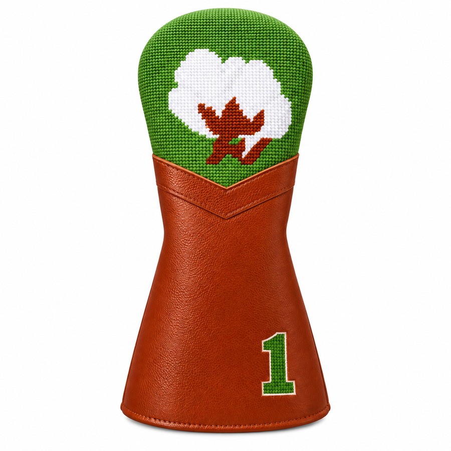 Cotton Boll on Green Needlepoint Driver Headcover