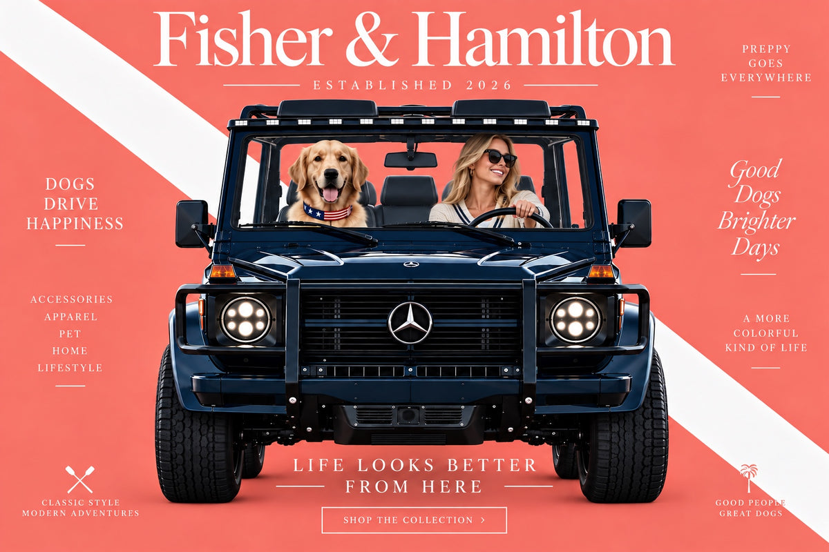 Fisher and Hamilton coral artwork with a woman and golden retriever in a navy Mercedes convertible