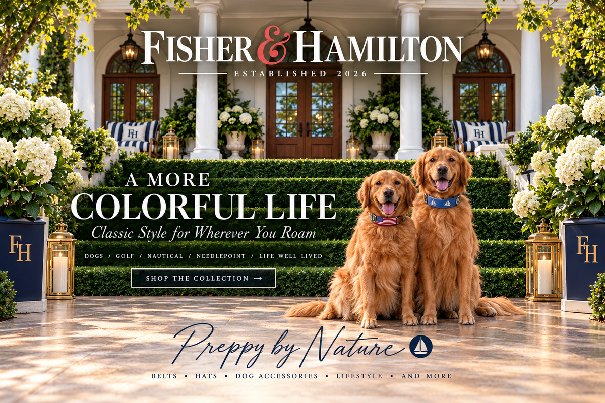 Fisher and Hamilton: A More Colorful Life, two golden retrievers on a classic porch.