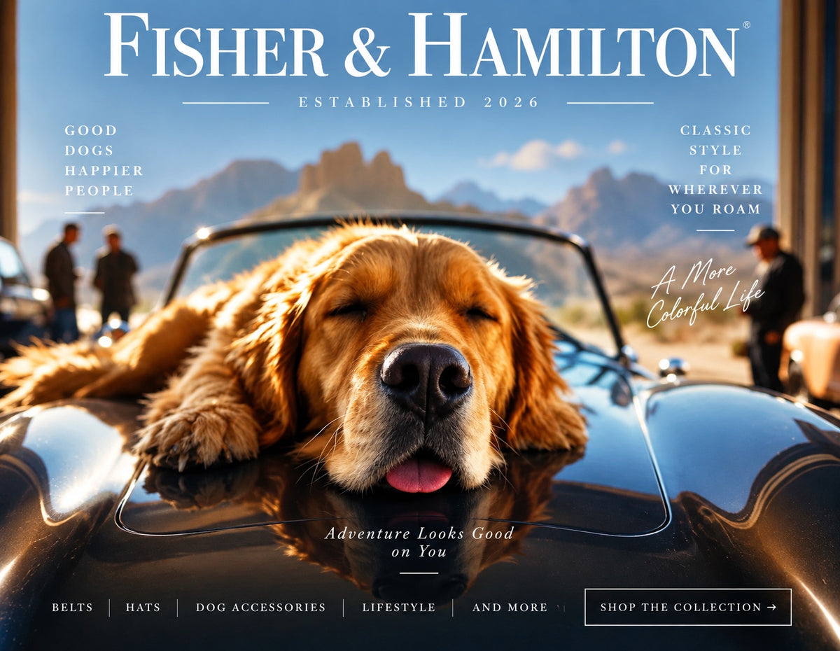 Fisher and Hamilton golden retriever resting on a convertible with mountains in the background