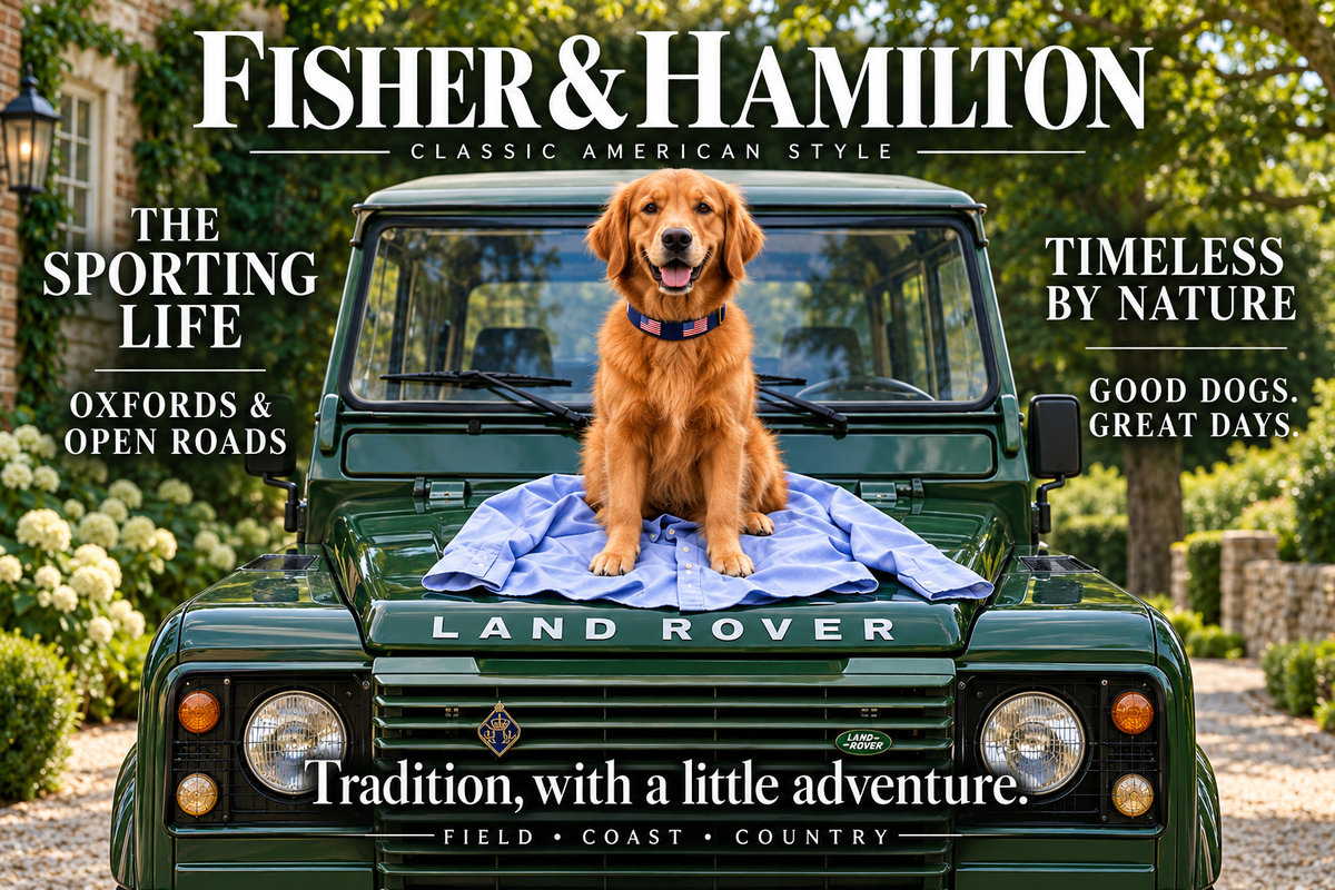 Fisher and Hamilton sporting life: golden retriever on a green Land Rover.
