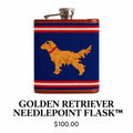 Golden Retriever Needlepoint Flask with red stripes