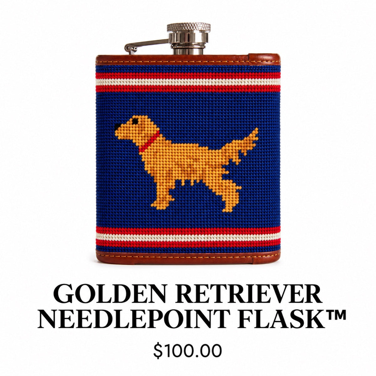 Golden Retriever Needlepoint Flask with red stripes